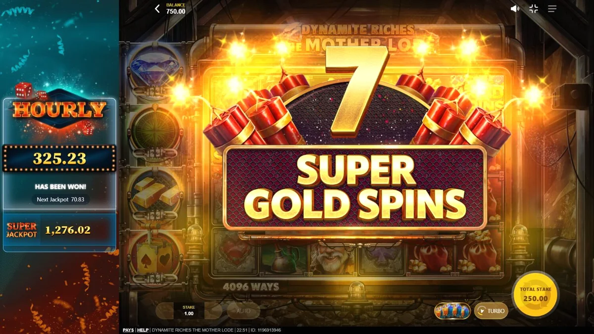 Dynamite Riches The Mother Lode slot game interface showing mining theme